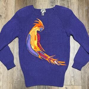 Vtg Ann Wi Purple Knit Phoenix Bird Sweater Sz S Artsy Statement Unique Indie